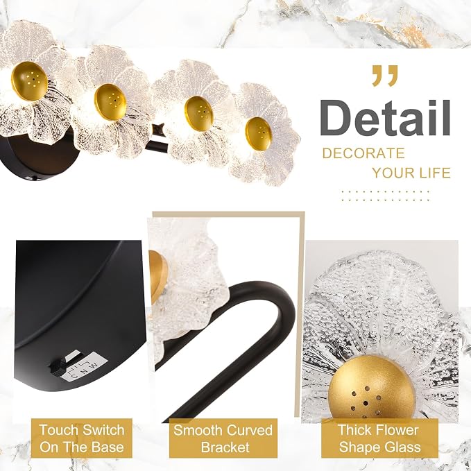 27" Bathroom Light Fixtures,Vanity Lights,Bathroom Vanity Light | 5 light,3CCT,Black Gold,LED,Daisy,Wall Sconces,Girly,Floral,Elegant,Fancy,for Restroom,Living Room,Bedroom,Mirror