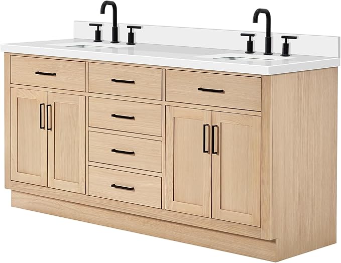 ARIEL Hepburn 72-inch Bathroom Vanity with Sink,Solid Wood, 1.5-inch Pure White Quartz Countertop, Double Rectangular Porcelain Sink, 4 Soft Closing Doors, 6 Dovetail Drawers, White Oak