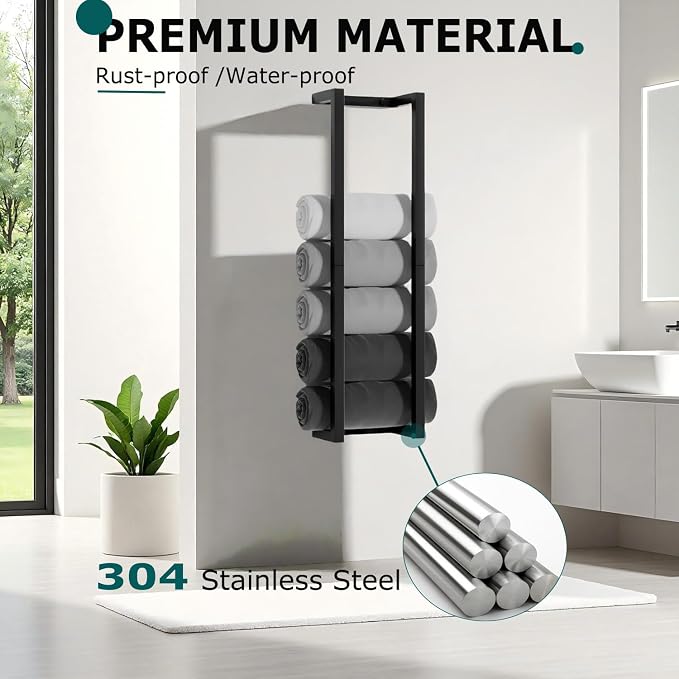 2 Pack Wall Mounted Towel Racks for Rolled Towels | 304 Stainless Steel Towel Storage Rack for Bathroom, 30 Inch Bath Towel Holder Matte Black