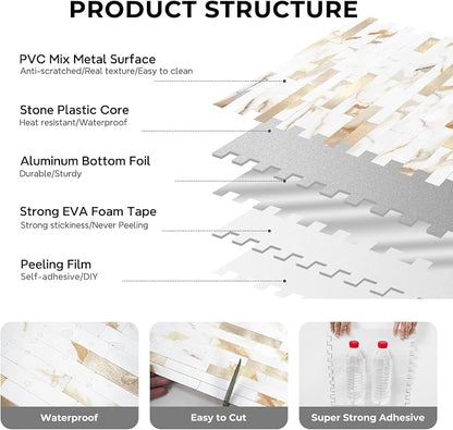 STICKGOO Peel and Stick Backsplash Tile, Stick on Backsplash for Kitchen and Bathroom, Calacatta Gold Marble Look PVC Mixed Metal Gold Self Adhesive Wall Tiles(10 Sheets)