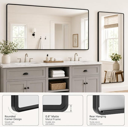 pertetey 28 x 36 in Rounded Rectangle Bathroom Mirror | Black Metal Frame, Tempered Glass, Wall Mounted