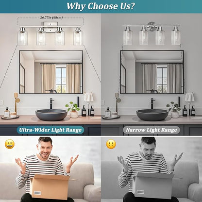 Unicozin Modern Brushed Nickel Bathroom Light Fixtures, 4-Light Vanity Lights Over Mirror with E26 LED Bulbs Included, Wall Sconce with Clear Glass Shades for Living Room Bedroom Hallway Kitchen