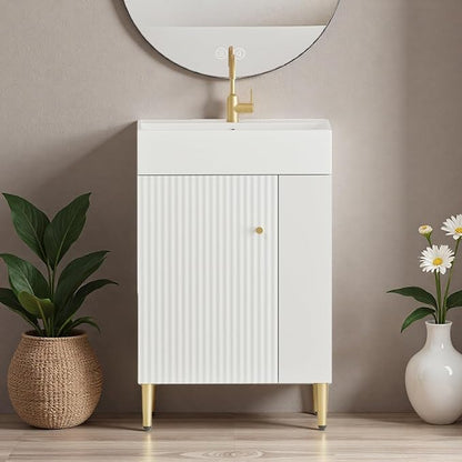 21.6" Freestanding Bathroom Vanity with Ceramic Sink, White | Ceramic Sink, Wave-Pattern Door & Two-Layer Right Open Compartment, Bathroom Storage Cabinet, Easy Installation