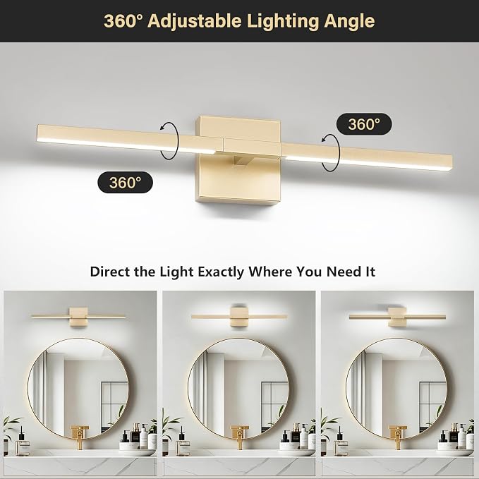 Gold Bathroom Vanity Light, 24 Inch LED Light Bar Over Mirror | Modern Bathroom Light Fixture Over Mirror for Vanity, 360° Rotatable Dimmable LED Wall Mounted Lighting, ETL Certified
