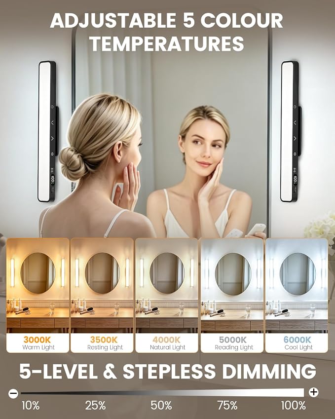 Wireless Vanity Lights for Mirror, Rechargeable Makeup Light Bar | 6W Magnetic Vanity Mirror Lights Stick On, 5 Color Temperatures & Dimmable, Remote & Touch Control, 2 Pack