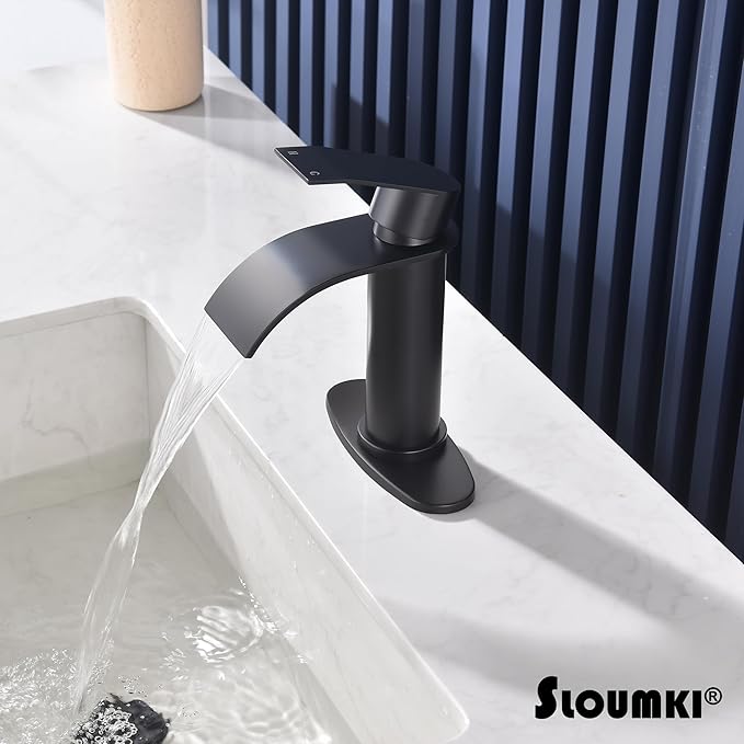Black Waterfall Bathroom Faucet Single Hole, Matte Black Single Handle Bathroom Sink Faucet with Pop Up Drain and Supply Hose, Black Bathroom Faucet for Sink 1 Hole,SL5002BK