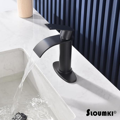 Black Waterfall Bathroom Faucet Single Hole, Matte Black Single Handle Bathroom Sink Faucet with Pop Up Drain and Supply Hose, Black Bathroom Faucet for Sink 1 Hole,SL5002BK