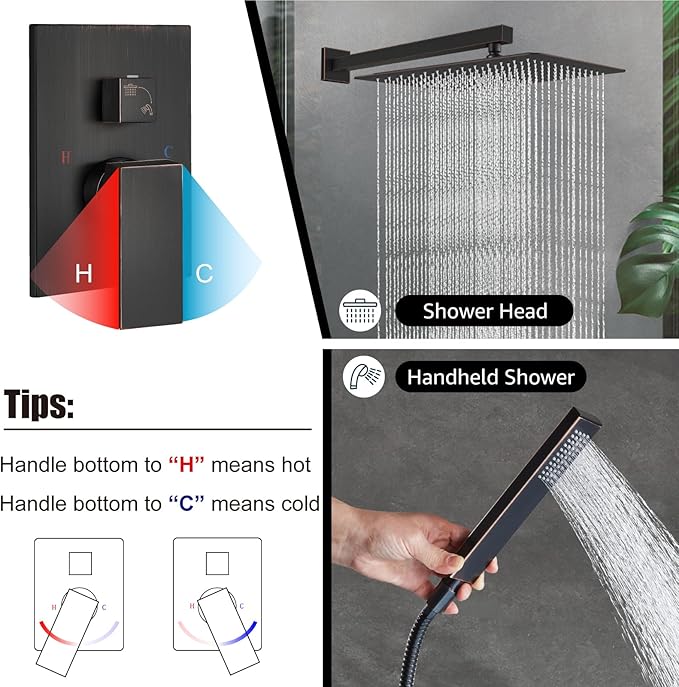 Midanya Shower Faucet Set,Wall Mount Shower System with Square Rain Shower Head and Hand Sprayer, Rough-in Valve Body and Trim Kit Included,16 Inch,Oil Rubbed Bronze