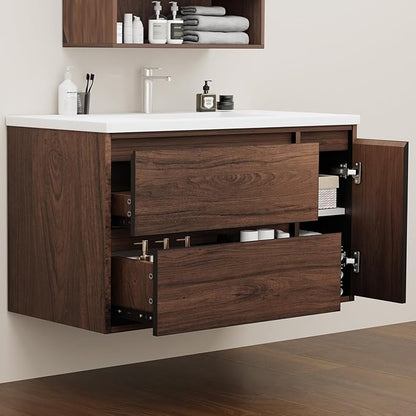36 Inch Floating Bathroom Vanity Cabinet Only, Wall Mounted Bathroom Cabinet, Large Capacity Storage Vanity – Walnut Finish, with 2 Drawers & Door Storage Compartment, Easy Assembly