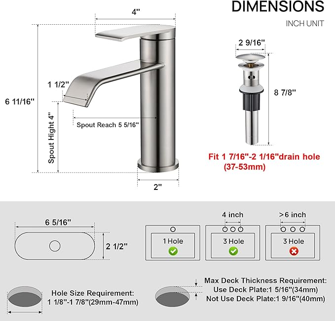 GAGALIFE Bathroom Faucet 1 Hole, Brushed Nickel Bathroom Sink Faucet with Metal Pop-up Drain Supply Lines and Deck, Modern Waterfall Bathroom Faucets Single Handle, JJL-MP-7001BN