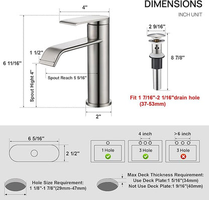GAGALIFE Bathroom Faucet 1 Hole, Brushed Nickel Bathroom Sink Faucet with Metal Pop-up Drain Supply Lines and Deck, Modern Waterfall Bathroom Faucets Single Handle, JJL-MP-7001BN