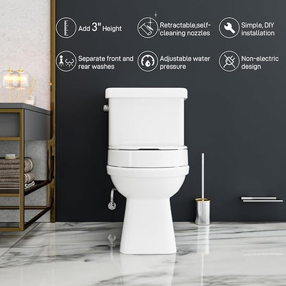 BIGCOW Raised Toilet Seat with Bidet - Round, Soft Close, 3" Height - Dual Nozzle (Frontal & Rear Wash) with Adjustable Cold Water Pressure and Stainless Steel Inlet (Round)
