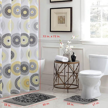 15-Piece Bathroom Shower Curtain Set – Set of 1 Shower Curtain & 12 Metal Hooks & 1 Bath Mat & 1 Contour Mat, Modern Bathroom Décor, Machine Washable, Raquel Gold