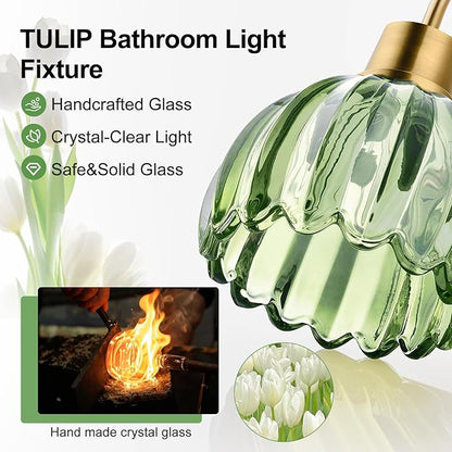 Bathroom Light Fixtures (3-Light, 20 in), Brushed Gold Vanity Lights for Bathroom with Ribbed Green Tulip Glass Shade, Vintage Vanity Wall Lights for Mirror Bedroom Living Room Hallway