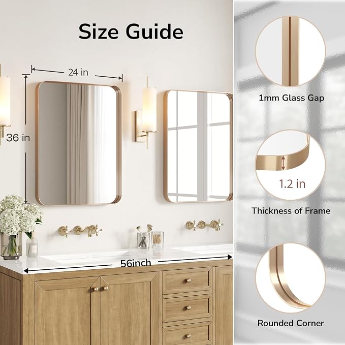 Gold Bathroom Mirrors for Over Sink 24"x36" 2 Pack | Brushed Champagne Brass Gold Vanity Mirror for Wall, Aluminum Frame, Anti-Rust, Tempered Glass