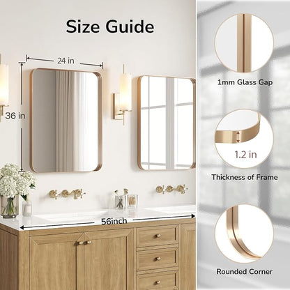 Gold Bathroom Mirrors for Over Sink 24"x36" 2 Pack | Brushed Champagne Brass Gold Vanity Mirror for Wall, Aluminum Frame, Anti-Rust, Tempered Glass