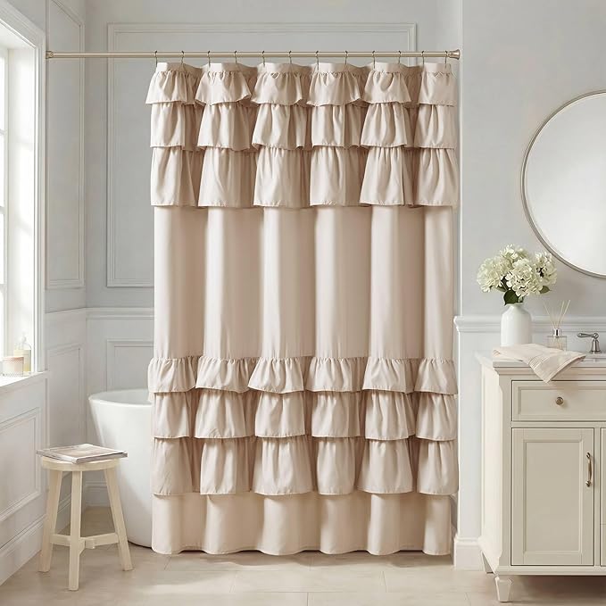 Madison Park Grace Ruffle Shower Curtain for Bathroom, 72"x 72", Beige | Farmhouse Cottage Top, Machine Washable, Shabby Chic Ruffled Decor Fabric, Privacy Screen, Solid Color