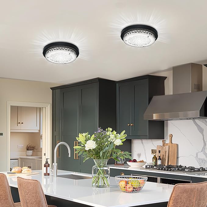 Flush Mount Ceiling Light Fixture 11 Inch Black LED Dimmable Ceiling Lights K9 Crystal Round Light Fixtures Ceiling Mount for Bedroom Bathroom Kitchen
