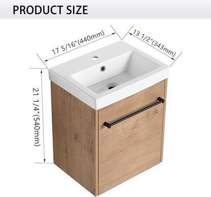 18" Bathroom Vanity with Sink, 18 Inch Floating Vanity, Modern Brown Bathroom Vanity Set, Single Sink Wall Mounted Vanity Combo with 1 Door