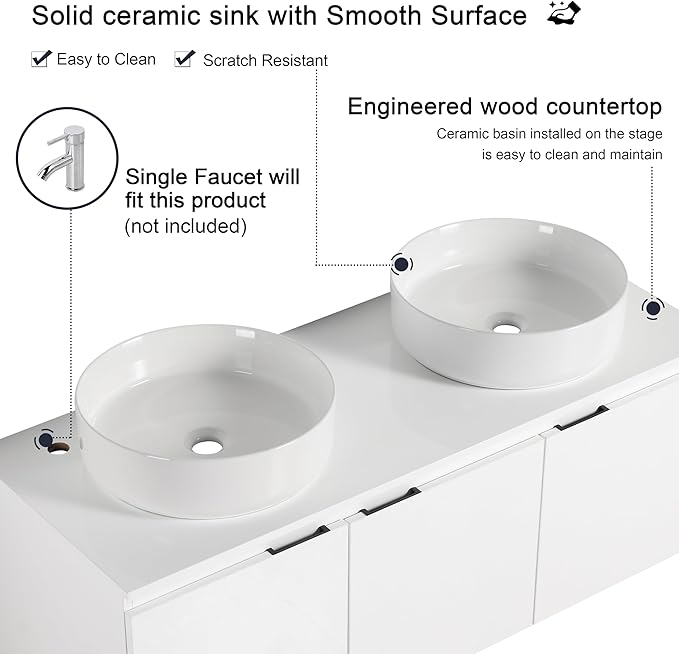 48 Inch Bathroom Vanity with Sink, 48" Floating Bathroom Vanity with Double Vessel Sinks, Modern Wall Mounted Cabinet Set, White Storage Cabinet with 3 Soft Close Doors and 2 White Ceramic Basin Sinks