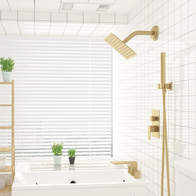 8 In Rain Shower Head High Pressure Rainfall Shower Head Brushed Gold | Square Rain Bathroom Showerhead, High Flow, Large Stainless Steel, Ceiling Mounted, Wall Mounted, Waterfall Full Body