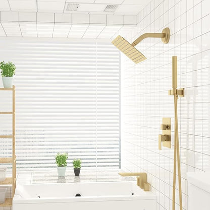 8 In Rain Shower Head High Pressure Rainfall Shower Head Brushed Gold | Square Rain Bathroom Showerhead, High Flow, Large Stainless Steel, Ceiling Mounted, Wall Mounted, Waterfall Full Body