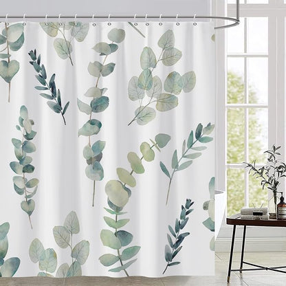 AWERT Shower Curtain Green Plants for Bathroom Waterproof Quick-Drying Eucalyptus Leaves Shower Curtain Set with Hooks 72x72 Inch
