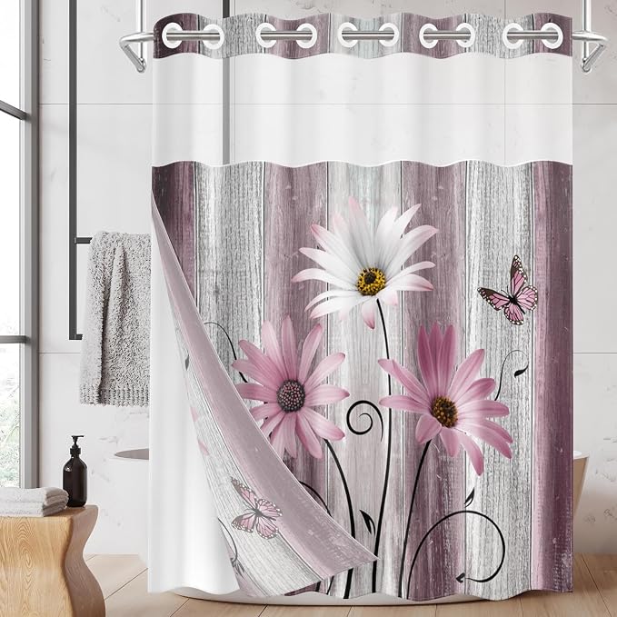 No Hook Shower Curtain with Snap in Liner 71x86 Inch Pink Daisy | Farmhouse Flower Rustic Modern Double Layers Waterproof Fabric with See Through Top Window Open Grommet Bath Curtain