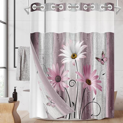 No Hook Shower Curtain with Snap in Liner 71x74 Inch Pink Daisy | Farmhouse Flower Rustic Modern Double Layers Waterproof Fabric with See Through Top Window Open Grommet Bath Curtain