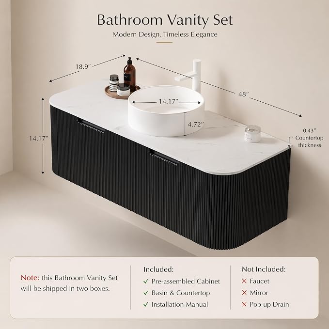 48 Inch Bathroom Vanity with Sink, Floating Wall Mounted Single Sink Vanity, Black Curved Fluted Front, Stone Top, Pure White Round Vessel Basin, Pre-Assembled