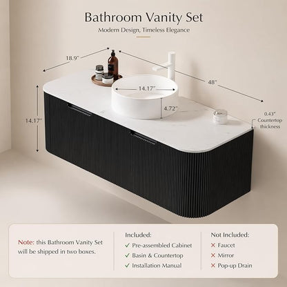 48 Inch Bathroom Vanity with Sink, Floating Wall Mounted Single Sink Vanity, Black Curved Fluted Front, Stone Top, Pure White Round Vessel Basin, Pre-Assembled