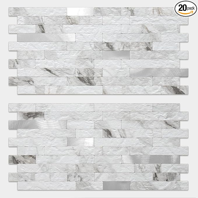 DICOFUN 20 Sheets White Marble Peel and Stick Backsplash Tile, Faux Stone PVC Mixed Metal Stick on Backsplash Kitchen Wall Tiles