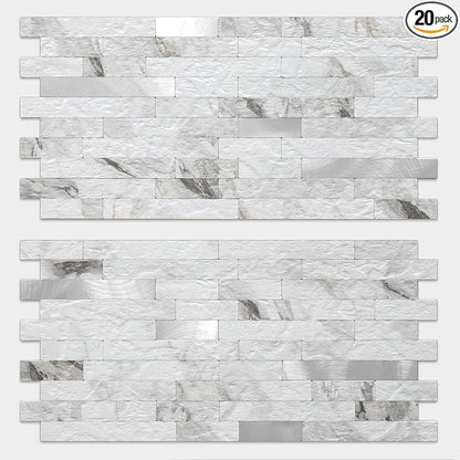 DICOFUN 20 Sheets White Marble Peel and Stick Backsplash Tile, Faux Stone PVC Mixed Metal Stick on Backsplash Kitchen Wall Tiles