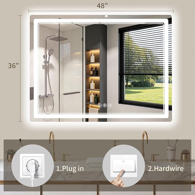 36"x48" LED Bathroom Mirror with Lights, Backlit + Front Lit, Anti-Fog, Lighted Bathroom Mirror for Wall, HD Shatterproof Tempered Glass, Dimmable, Memory Function (Horizontal/Vertical)