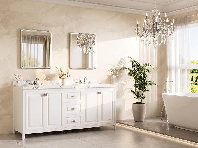 Brushed Nickel Bathroom Mirror 24 x 30 Beveled Edge Tempered Glass, Rounded Corner Rectangle Bathroom Mirror for Over Sink for Modern Bathroom, Living Room, Bedroom, Entryway