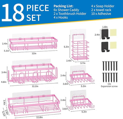 DTUQYX Shower Caddy 18 Pack,Adhesive Organizer for Bathroom Decor Accessories & Kitchen Storage,No Drilling,Large Capacity,Rustproof Stainless Steel Organizer,Home Decor Shelves (Pink 18 Pack)