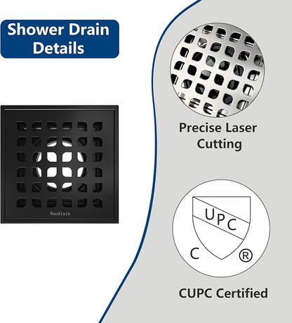 Neodrain 4" Low Profile Square Shower Drain Kit, Matte Black | 304 Stainless Steel, Removable Grate/Drainage Key, PVC Bonding Flange Base with Fabric, For Low Profile Shower Pan