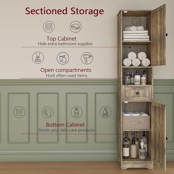 Tall Bathroom Cabinet,Storage Cabinet with 5 Shelves & 1 Drawer, with Adjustable Shelve, for Bathroom, Kitchen, Entryway, Living Room (Gray)