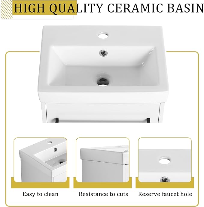 KEIKI 18'' Bathroom Vanity Cabinet with Sink, Wall Mounted Floating Bathroom Vanity with Soft-Close Cabinet Door, for Small Bathroom, Glossy White