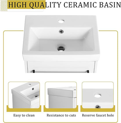 KEIKI 18'' Bathroom Vanity Cabinet with Sink, Wall Mounted Floating Bathroom Vanity with Soft-Close Cabinet Door, for Small Bathroom, Glossy White