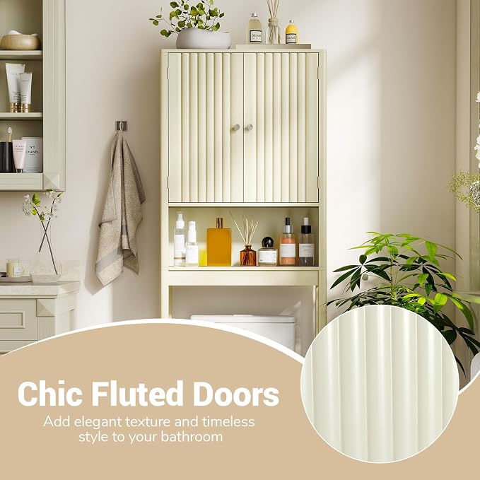 GIANTEX Over The Toilet Storage Cabinet, Bathroom Organizer w/Fluted Doors, Adjustable Shelf&Bottom Bar, Open Storage Cube, Space-Saving Above Toilet Storage Cabinet for Laundry (Cream White)