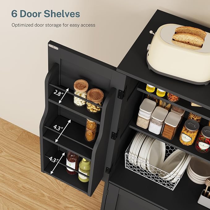 Storage Cabinet with 4 Doors, Kitchen Cabinet with 6 Door Shelves | Kitchen Pantry Cabinet with Adjustable Shelves, for Living Room, Dining Room, Bathroom, Black