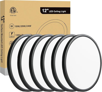 12Inch Flush Mount Ceiling Light, Dimmable 24W 5CCT Selectable, 0.67 Inch Slim Round Surface Mount LED Light Fixture for Laundry, Bedroom, 12 Inch 6Pack Black