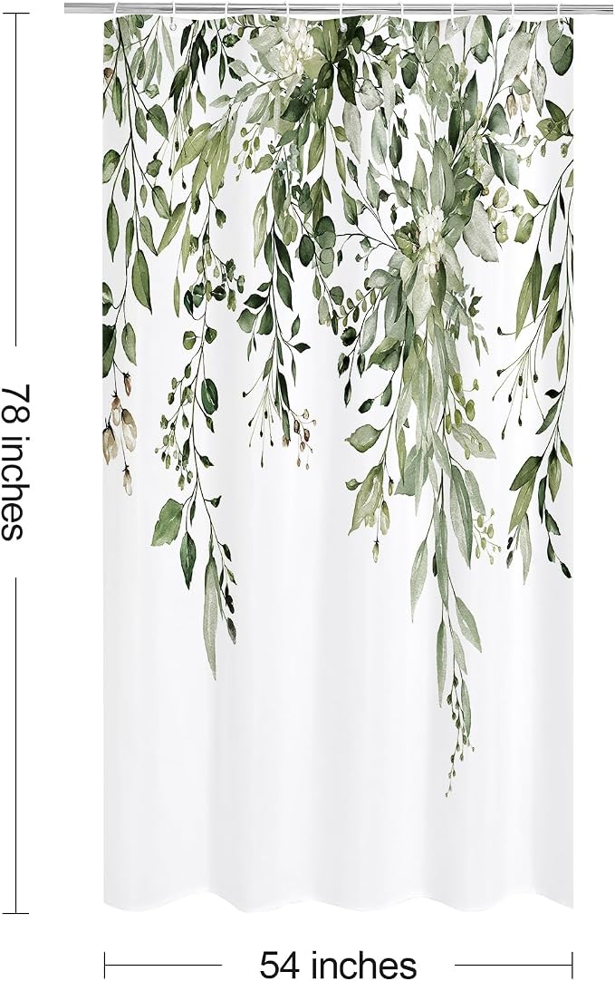 Olive Green Eucalyptus Shower Curtain, Floral Print, 54x78 | Watercolor Plant Leaves Floral Print, Stall Waterproof Fabric Bathroom Decor, Machine Washable, Rustproof Grommets