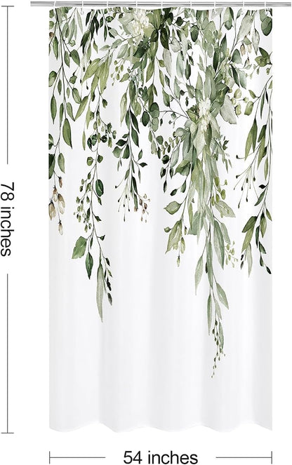 Olive Green Eucalyptus Shower Curtain, Floral Print, 54x78 | Watercolor Plant Leaves Floral Print, Stall Waterproof Fabric Bathroom Decor, Machine Washable, Rustproof Grommets