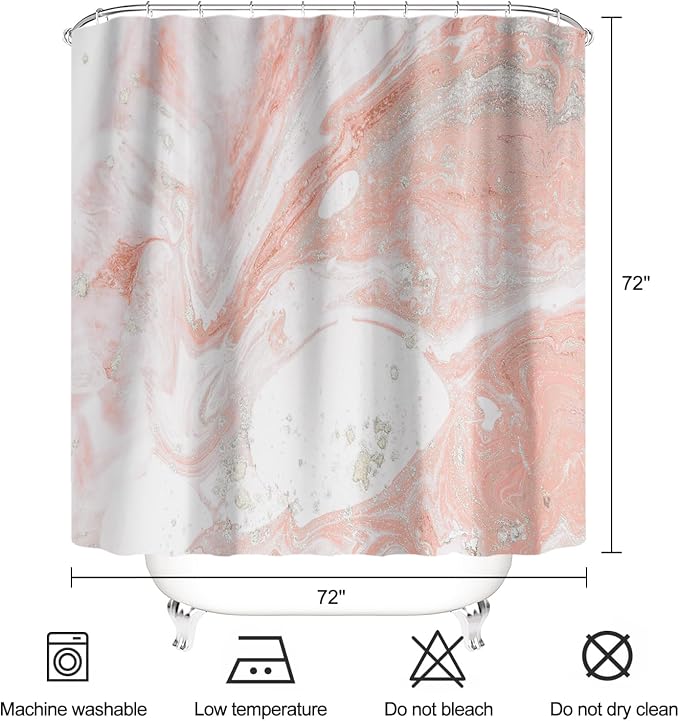 Pink Marble Shower Curtain Modern Abstract Pink and Silver White Art Shower Curtains for Bathroom Waterproof Polyester Fabric Bathroom Curtain 72 x 72 Inch with 12 Hooks