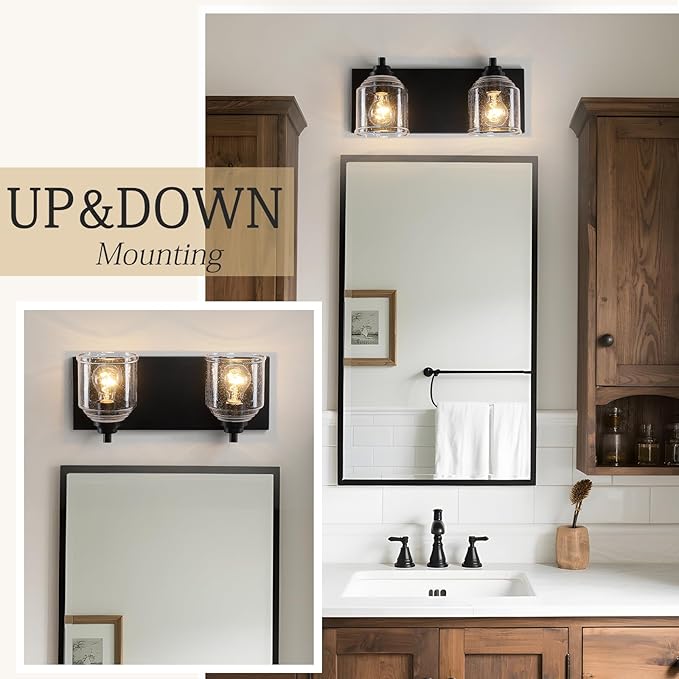 Vanity Lights for Bathroom Large 15.8", Farmhouse Rustic Vanity Light with Bubble Glass Shades, Black 2 Light Bathroom Lighting Fixtures Over Mirror, Bath Wall Sconce Home Decor