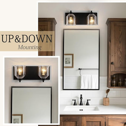 Vanity Lights for Bathroom Large 15.8", Farmhouse Rustic Vanity Light with Bubble Glass Shades, Black 2 Light Bathroom Lighting Fixtures Over Mirror, Bath Wall Sconce Home Decor
