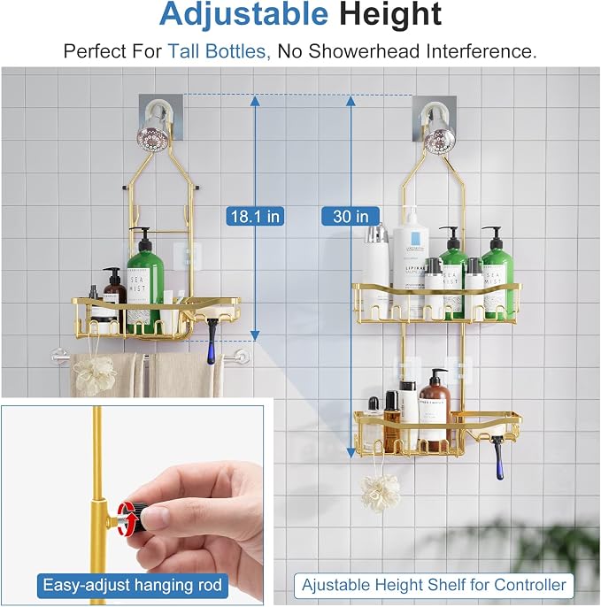 Shower Caddy, Extended Length Shower Organizer with Hooks, Rustproof Shampoo Soap Holder, Large Hanging Bathroom Caddy, Gold