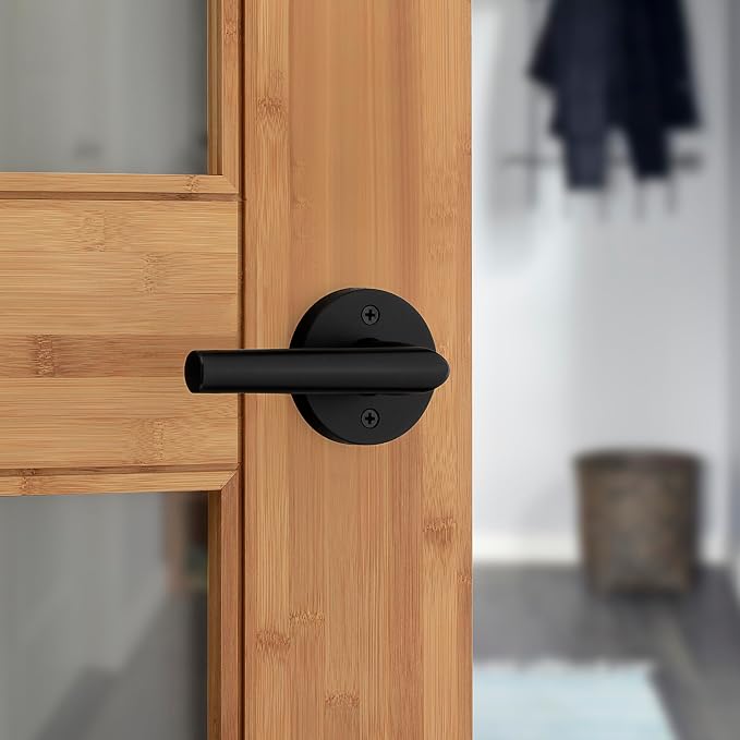 Kwikset Milan Interior Passage Door Handle, Lever for Closet and Hallway Doors, Reversible Non-Locking Handle Lever, Matte Black (Pack of 2)